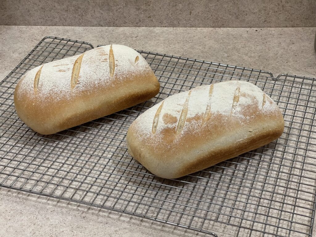 Two squarish loaves of bread on a wire cooking rack.
